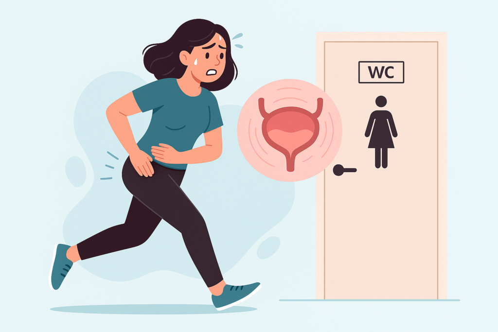 mulher sentindo urgência urinária, representando sintomas de bexiga hiperativa