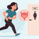 mulher sentindo urgência urinária, representando sintomas de bexiga hiperativa