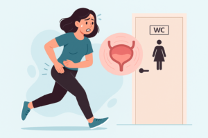 mulher sentindo urgência urinária, representando sintomas de bexiga hiperativa