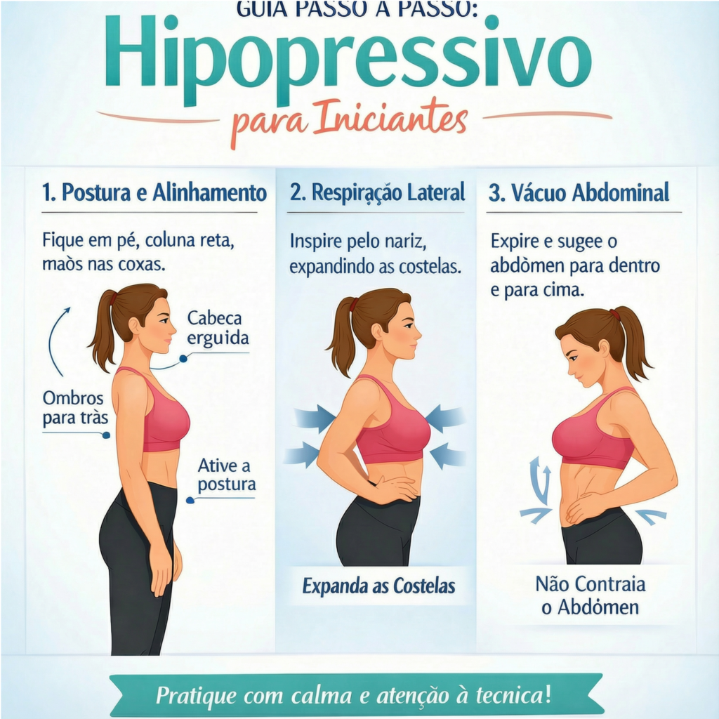 Infográfico hipopressivo para iniciantes passo a passo, como fazer vácuo abdominal, postura correta ginástica hipopressiva.