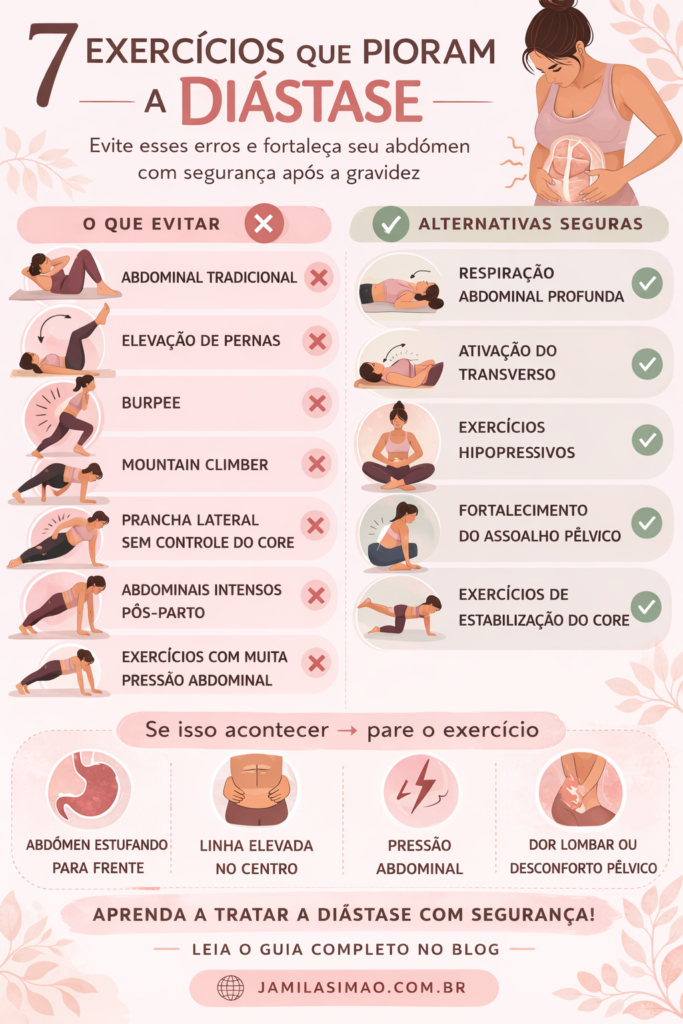 Exercícios que pioram a diástase abdominal e alternativas seguras para fortalecer o core no pós-parto.