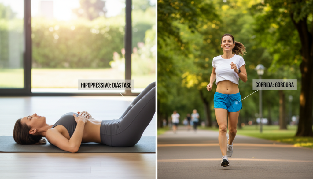 Comparativo visual do tratamento para pochete pós-parto: hipopressivo para diástase e corrida para gordura.