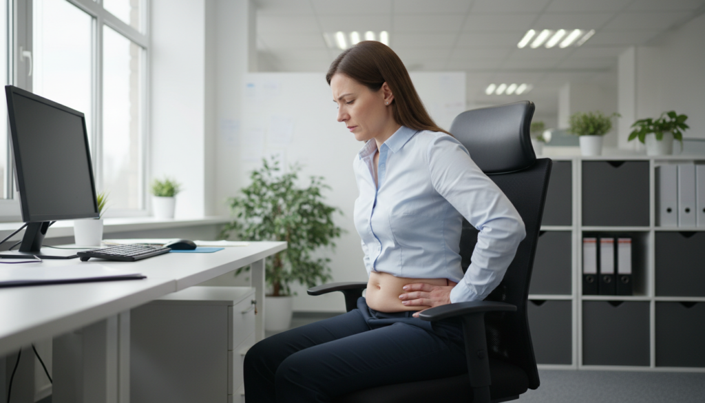 Mulher sentada com má postura em cadeira de escritório, apresentando ombros caídos e abdômen projetado para frente, evidenciando a pressão na diástase.