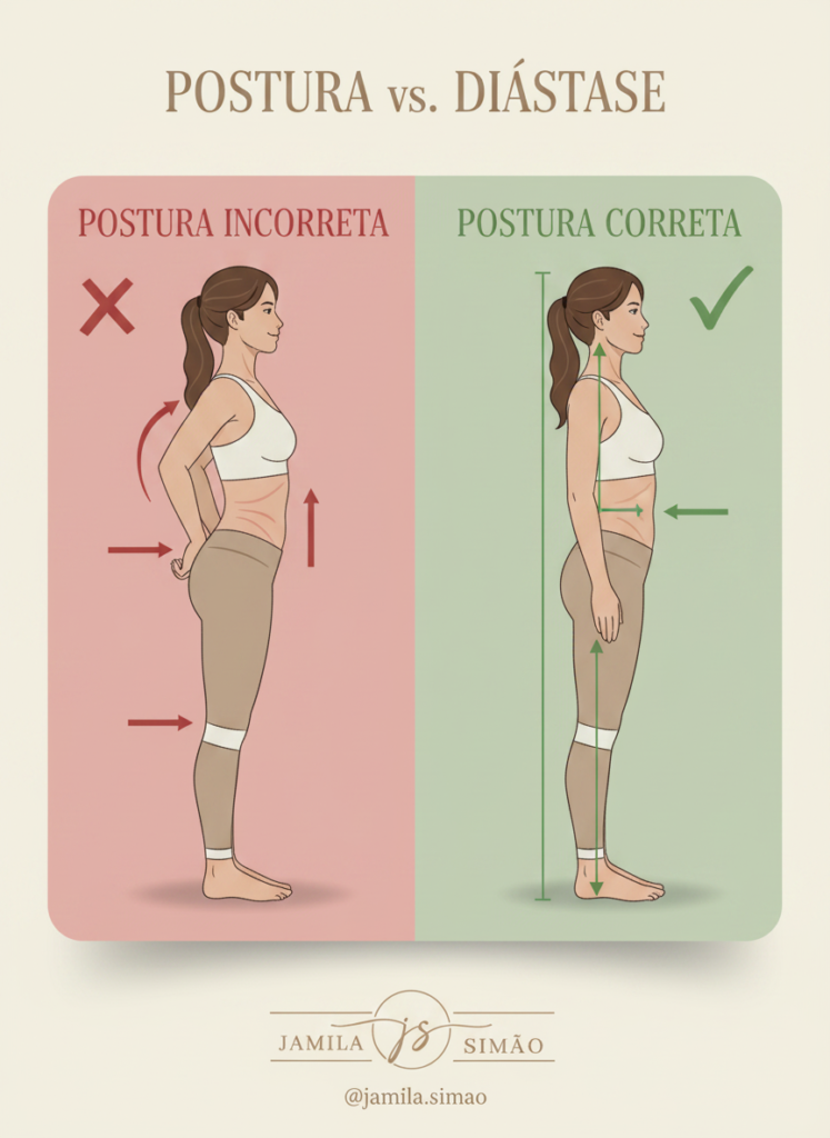 nfográfico comparativo de postura correta versus incorreta e seu impacto na diástase abdominal, mostrando alinhamento da coluna e pressão no abdômen.